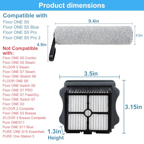 Dentego【for ONE S5 Blue】【for ONE S5 Pro 2】Roller Brush and Filters for Tineco Floor ONE S5 /Floor One S5 Pro Cordless Wet Dry Vacuum Cleaner, Replacement Parts Include 2 Brush Rollers, 4 Filters - color: S5 Roller+Filter