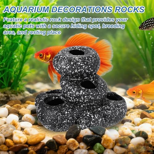 Aquarium Decorations Rocks, 5.9x4.4x4.6 Inch Betta Hide Resin Realistic Fish Tank Ornaments, 2Pcs(Grey), Intended for Small Fish/Shrimp/Guppy - size: 5.9x4.4x4.6 Inch