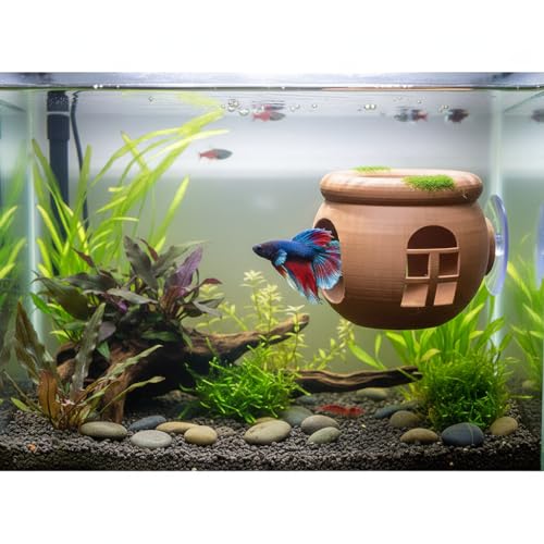 Betta Hammock Floating Hideout House with Artificial Moss Suction Cup Mount, 3D-Printed PLA Aquarium Decor Rest Cave Toy for Betta Fish Tank Accessories