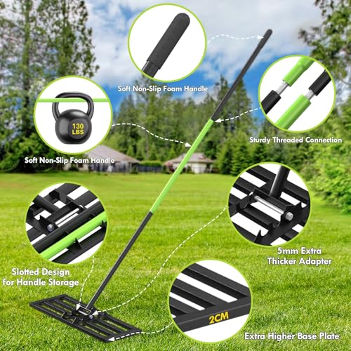 Seeutek Lawn Leveling Rake, 30” x 10” Lawn Leveler with 6.5FT Stainless Steel Handle Rakes for Lawns, 0-180° Adjustable Ground Leveler Tool for Yard, Level Soil Sand Dirt Surfaces - size: 32"*10"