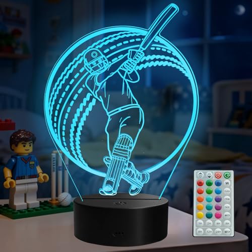 Cricket Gifts, Cricket Sport 3D Illusion Night Light with Remote Control, 16 RGB Colors, 4 Flashing Modes and Timer, Cricket Ball Stuff, Supplies and Accessories for Holiday Birthday Christmas - color: Color 4