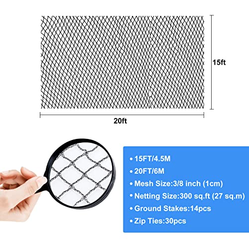 BUZIFU Pond Netting, 15 x 20FT Heavy Duty Pond Net for Koi Ponds, Garden Pool Fine Mesh Netting Kit for Leaves, Protects Koi Fish from Birds Cats Predators, with 14 Stakes and 30 Cable Zip Ties - size: 15x20FT