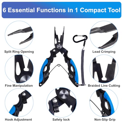 Titanium Coated Micro Fishing Pliers Precision Split Ring Pliers for Ultralight Fishing with Storage Pouch & Lanyard Blue - color: Blue