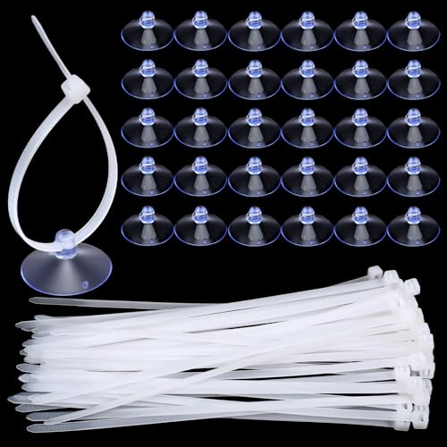 60 Pcs Aquarium Suction Cups with 60 Pcs Adjustable Zip Ties Set, Small Suction Cups for Aquarium Plant Holder Fish Tank Plants Kitchen Christmas Hanging Organization