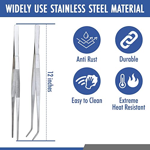2 Pcs Straight and Curved Tip Tweezers 12 Inch, Stainless Steel Precision Tweezers Set with Serrated Tips Comfortable Ridged Handle, Tweezer Tongs for Cooking Repairing