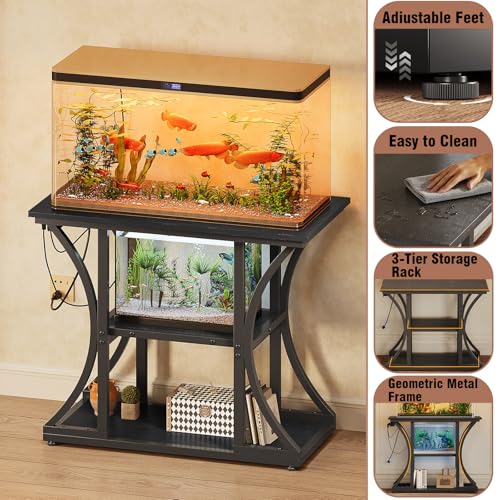 50 Gallon Aquarium Stand with Power Outlets Fish Tank Stand with 3-Tier Storage Shelves Display Stand for Turtle Tank Shelves Metal Frame Stand for Living Room Office Entryway(Black) - color: Black
