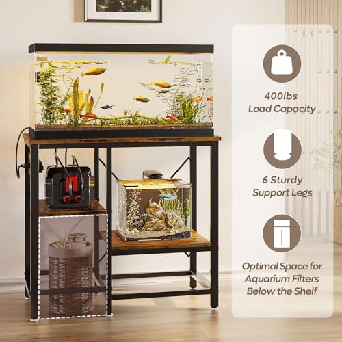 Bestier 20-29-37 Gallon Fish Tank Stand with Power Outlet, 30x13 Metal Aquarium Stand with Filter Storage, 6-Leg Reptile Tank Stand with 3-Tier Adjustable Storage Shelves, 400LBS Capacity - color: Rustic Brown, size: 20-37 Gallon