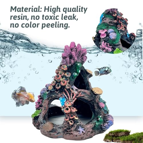 PINVNBY Coral Aquarium Decorations (Size: 6.3 x 4.7 x 4.7 inches) Small Fish Tank Decorations Hideout Resin Rock Mountain Cave Ornaments Betta Hideout House for Beta Sleep Rest Hide Play Breed - size: Large