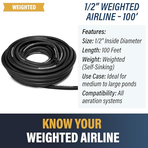Outdoor Water Solutions Weighted Airline for Pond Aeration – 1/2" Inside Diameter | 100ft Roll | Self-Sinking Rubber Air Hose | Durable, Flexible Tubing for Aerators & Diffusers - style: 100ft. of 1/2in. Weighted Air Line