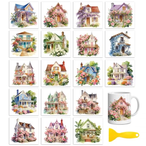 Peacoblue 18 Sheets Rub on Transfers for Crafts, Beautiful House with Flowers 3.6"x3.9" UV DTF Cup Wraps Waterproof Cold Transfers Stickers for Wood Glass Metal Cup Tumblers Mirrors Mugs Home Decor - style: Beautiful House with Flowers