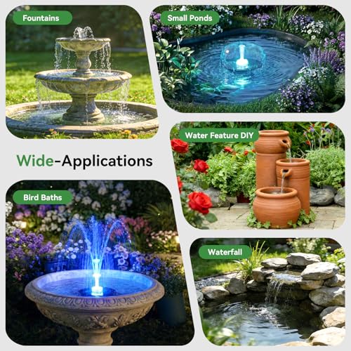 Antfraer 8W Solar Fountain Pump Built-in 3600mAh Battery & LED Lights, Solar Powered Water Pump with Double-Layer Nozzle & 5ft Tubing, Solar Water Fountain For Bird Bath Pond Garden DIY Water Features - size: 8W