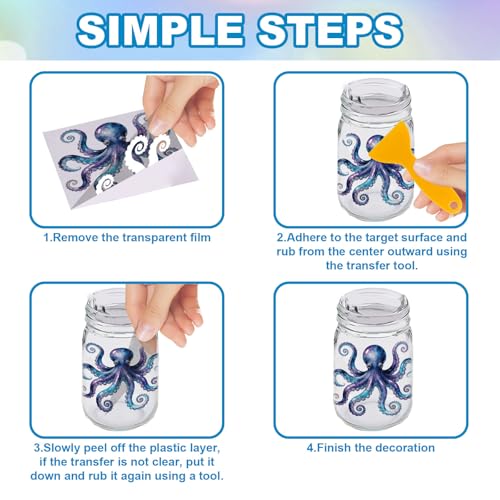 GLOBLELAND 18 Sheets Ocean Animals Transfer Stickers 3.9x3.6 Inch Summer Colorful Transfer Decal Octopus Jellyfish Rub on Transfer for Cup Decal Vase Glass Art Crafts Decorations - style: Ocean Animals