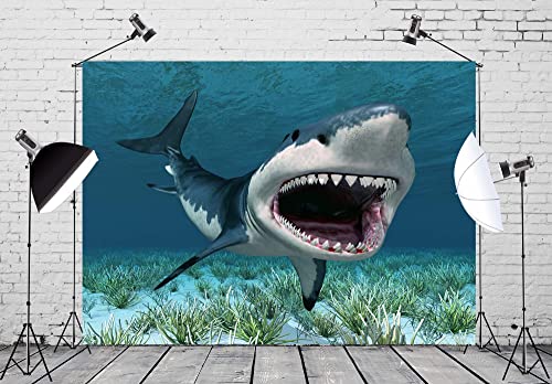 8x6ft White Shark Backdrop Underwater Backdrop 3D Shark Photography Backdrop Under The Sea Ocean Cartoon Backdrop for Boys Kids Happy Birthday Party Decor Photo Shoot Studio Props Fabric - size: 8x6FT