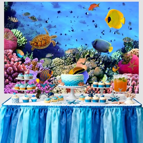 AOFOTO 12x8ft Underwater Ocean Coral Reef Backdrop Under The Sea Tropical Fish Sea Turtle Marine Life Photography Background Seabed World Nature Scene Aquarium Decor Kids Portrait Photo Shoot Props - size: 12x8ft
