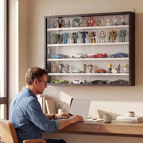 HOMCOM 5-Tier Display Cabinet, Glass Door Cabinet with Adjustable Shelves, Wall-Mounted Display Case for Playroom, Bedroom, Black and White - color: Black and White