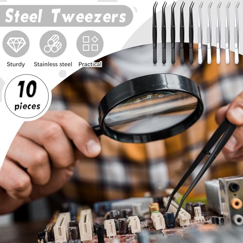Honoson 10 Pcs Stainless Steel Tweezers for Crafting with Curved Serrated Tip Multipurpose Forceps Sewing Machine Tweezers Bulk (Silver,Black) - color: Silver, Black