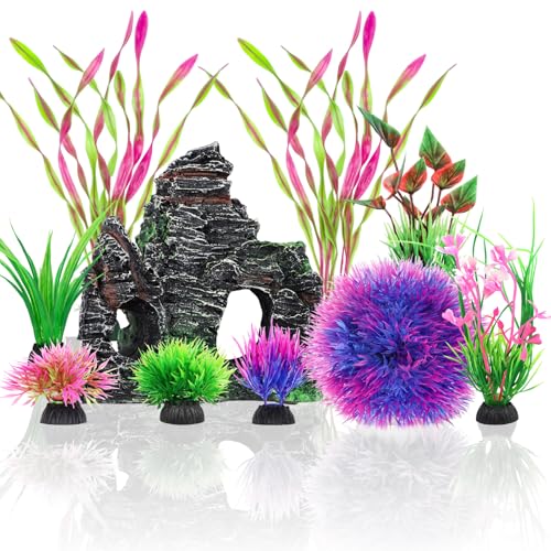 QUOZUO 10pcs Aquarium Artificial Plastic Plants Decorations and Rock Cave Decor Set, Fish Tank Accessories Small Large Fish Bowl Ornaments Set - color: Purple