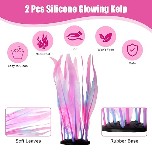 Kaiyuan Dynasty 2pc Aquarium Decor Plastic Plants Fish Tank Artificial Plants Glowing Aquarium Kelp Move with Water Flows Soft Silicone Aquatic Seaweed,7inch,Pink - color: Pink