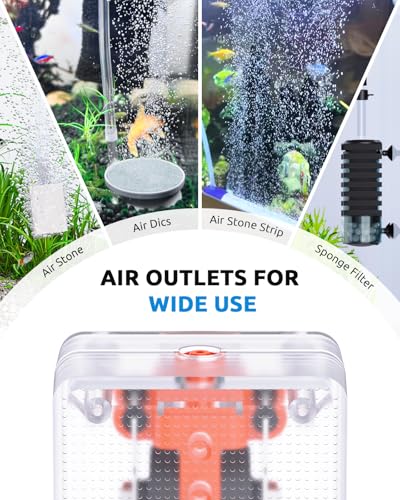 SEAOURA Aquarium Air Pump, Adjustable Fish Tank Bubbler, 2W/24GPH Quiet Air Bubbler for Aquarium, Oxygen Aerator Pump Single Outlet with Air Stone & Tubing Accessories, 5-30 Gallon - size: 1 Outlet (≤ 30 Gal Tank)