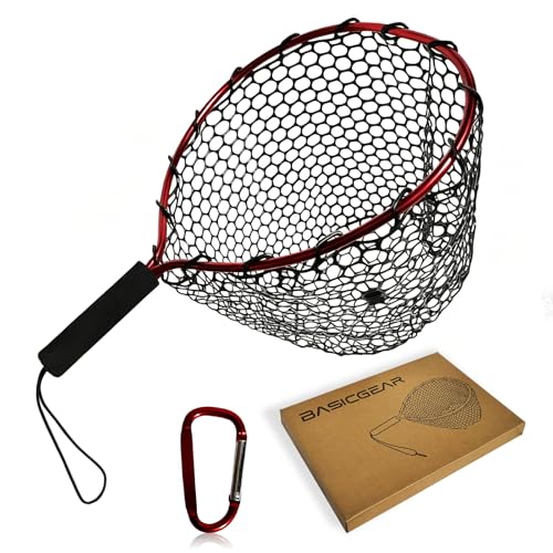 BasicGear Ultra-Light Aluminum Landing Net – Soft Mesh, Lightweight Frame, EVA Floating Non-Slip Grip, Anti-Loss Rope & Carabiner Clip, for Flying Fishing and Kayak Fishing