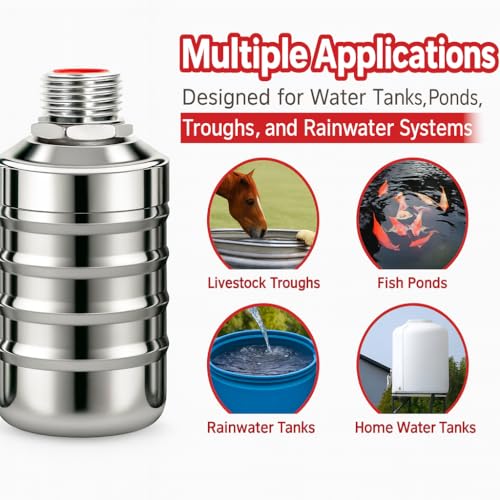 Automatic Float Valve for Water Tank, 2 Pack Stainless Steel Tank Float Valve 1/2" & 3/4", Auto Shut Off Water Level Control Valve for Livestock Trough, Aquarium, Pool