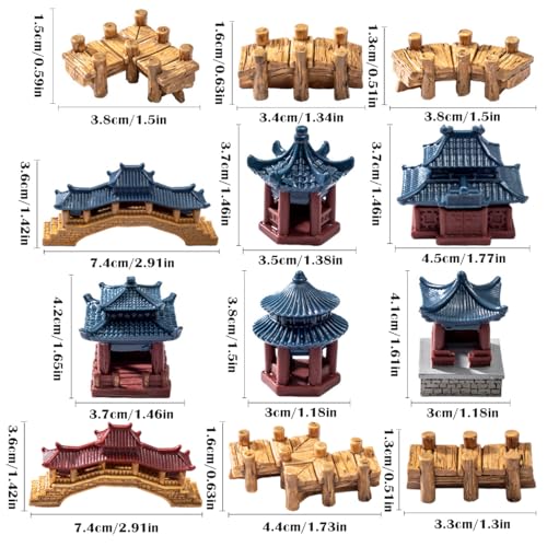 12 Pcs Chinese Miniature Garden Decor Set, Mini Plastic Pavilions Bridge Figurines for DIY Craft Micro Landscape Decor, Fairy Garden Accessories, Bonsai Terrarium Pond Lawn Ornaments