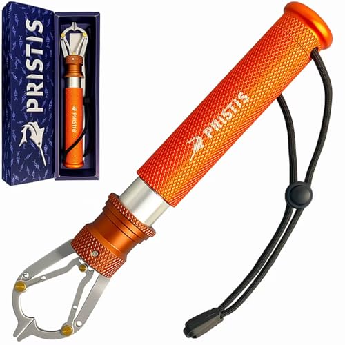 Pristis Metal Fishing Grabber, Locking Fish Lip Gripper with Lightweight Aviation Aluminum Handle, Heavy Duty Stainless Steel Grab Grip Tool Tackle, Rotating Hook Remover Holder Freshwater Saltwater