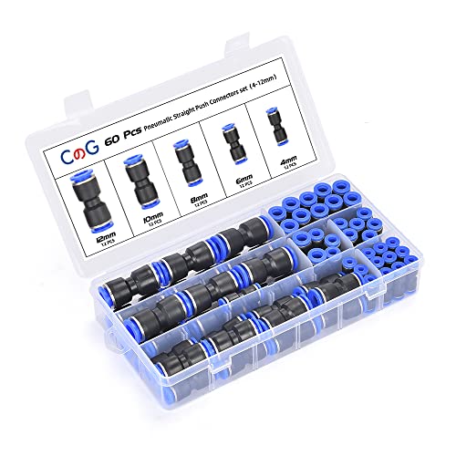 60Pcs Quick Connect Air Hose Fittings 4/6/8/10/12 mm Quick Release Pneumatic Push to Connect Fittings Kit Air Line Fittings for 5/32 1/4 5/16 3/8 1/2 inch Tube