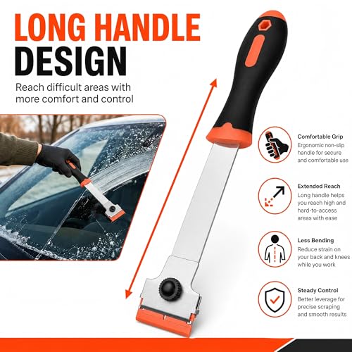 Razor Blade Scraper, Long Handle Scraper Tool with 10 Plastic and 10 Metal Blades - Ideal for Removing Labels, Stickers, Appliance Grease, and More from Windshields, Tint, and Glass (Orange) - color: Orange