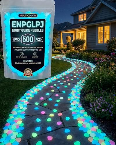 Colorful Glow in the Dark Garden Stones Night Guide Pebbles Luminous Rocks Outdoor Pathway Walkway Yard Patio Fish Tank Aquarium Stepping Decor Landscape Waterproof Solar Magical - color: Blue, size: 500pcs