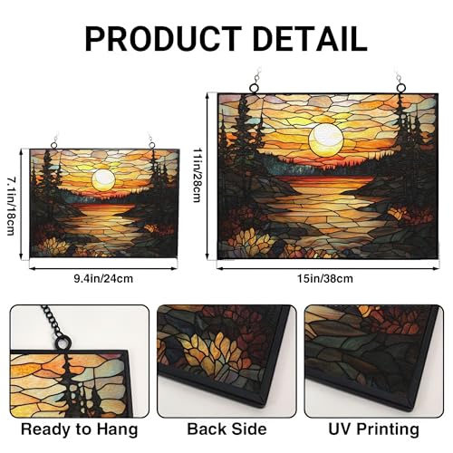 Customized Rectangle Vintage Sunset in The Forest Stained Glass Window Hanging, Suncatcher for Women, Stained Glass Window Decor Perfect Home Décor - color: Vintage Sunset in the Forest 1, size: 9.4x7.1 IN