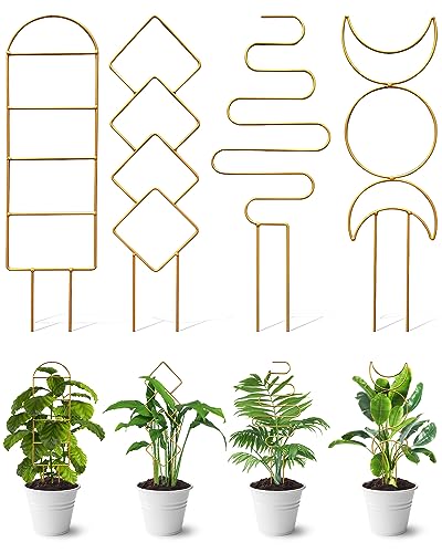 4 Pack Indoor Climbing Plant Trellis, Small Trellis for Potted Plants Outdoor, Metal Garden Trellis Plant Support Trellis with Different Patterns for Vine Ivy Flower (Golden) - color: Gold