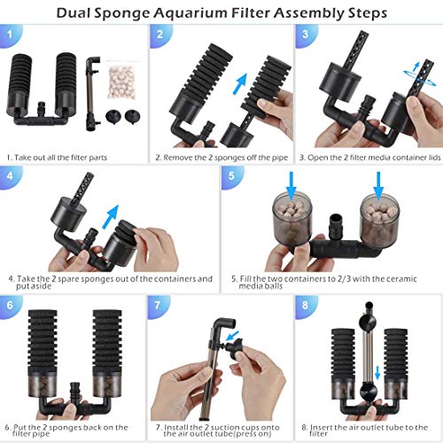hygger Sponge Filter, Aquarium Filter Double Sponge Replaceable Media with 4 Biochemical Sponges and 1 Bag of Filtered Ceramic Balls Ultra Quiet Filter Fish Tank (S/M) - size: S for 10 to 40-gallon tank
