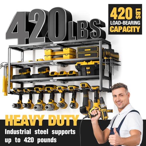 YYR 4 Layer Power Tool Organizer Wall Mount, Cordless Drill Hanger Storage Rack, Battery Tools Holder with Charging Station Shelf for Garage Organization, Workshop, Pegboard, Shed - 32 Inch 8 Slots - size: 32 Inch 8 Drills Holder