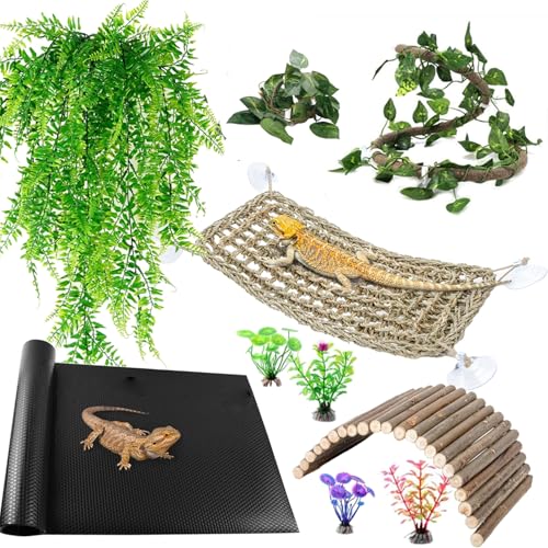 Bearded Dragon Tank Accessories, Reptile Mat Hammock Plants Bridge Jungle Climber Vines Terrarium Decorations for Leopard Gecko Hermit Crab Lizard Snake (10 PCS with Reptile Mat) - color: 10 Pcs With Reptile Mat