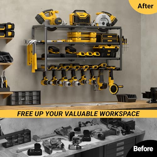 YYR 4 Layer Power Tool Organizer Wall Mount, Cordless Drill Hanger Storage Rack, Battery Tools Holder with Charging Station Shelf for Garage Organization, Workshop, Pegboard, Shed - 32 Inch 8 Slots - size: 32 Inch 8 Drills Holder