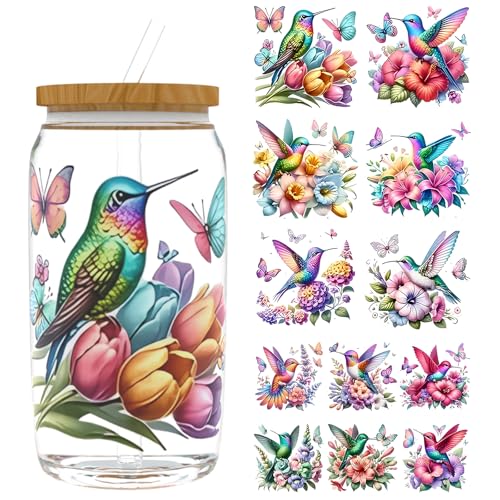 UV DTF Cup Wrap for 16oz Glass, 12 Sheets Watercolor Hummingbird UV DTF Stickers, Rub on Transfers Stickers for Mug Bottle - style: Watercolor Hummingbird