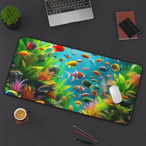 Vibrant Colorful Fish in Aquarium Desk Mat - Premium Smooth Surface with Rubber Base - size: 16" × 32"