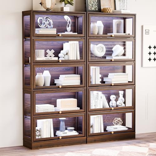 Display Cabinet with Acrylic Glass Doors,5-Tiers Curio Cabinet with LED Lighting for Collectibles, Collectibles Toy Organizers Rack & Display Shelf Display Case Storage Cabinet, Walnut - color: Walnut, size: 31" W x 67" H
