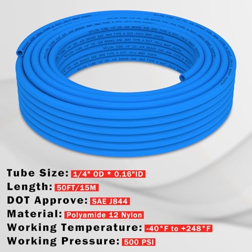 CheeMuii 50 FT 1/4" DOT Air Line Blue 1/4 PA12 Nylon Pneumatic Tubing 15.2 Meter 1/4 Inch OD Pneumatic Air Tubing Pipe Hose Line for Semi Truck Trailer or Industrial Air System - color: Blue, size: 1/4"OD-50FT