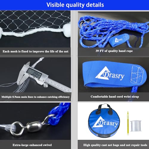 Drasry Fishing Cast Net with Aluminum Ring 3/8 or 1/2 Mesh for Saltwater Freshwater Bait Shrimp Trap Fish Throw Net Heavy Duty Sinker. Size 4FT/5FT/6FT/7FT Radius - color: Gray, size: 6 FT Radius, style: Plastic Coating Sinkers 3/8 Mesh