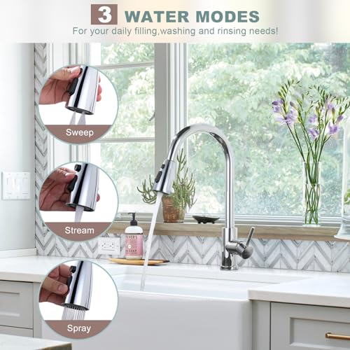 Chrome Kitchen Faucet with Sprayer, WOWOW Pull Down Kitchen Sink Faucet Stainless Steel Utility Sink Faucet with Deck Plate, Kitchen Tap for RV, Laundry, Bar - color: Chrome, style: Kitchen Faucet