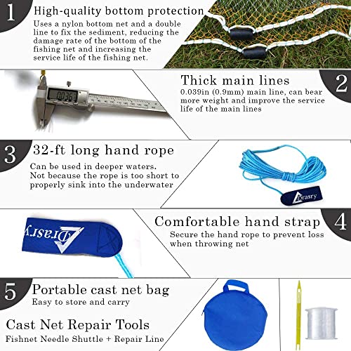 Drasry Saltwater Fishing Cast Net for Bait 3/8 1/4 or 1/2 with Heavy Sinkers Fish Trap Throw Net. Size 3ft/4ft/5ft/6ft/7ft/8ft/9ft/10ft Radius Freshwater Nets - size: 5FT (150cm) Radius, style: Pvc-0.3mm Mono 3/8mesh