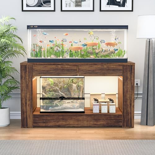 55–75/90 Gallon Aquarium Stand,Heavy-Duty 48" Turtle Reptile Fish Tank Stand With Storage Drawers, Reinforced Metal Frame, LED Lighting, Power Outlets (Rustic Brown) - color: Rustic Brown