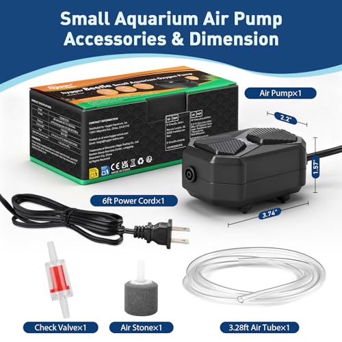 hygger Aquarium Air Pump, Ultra Quiet Oxygen Aerator with Air Stone Airline Tubing Check Valve, Aquarium Fish Tank Air Bubbler for 3 to 79 Gallon Tank and Bucket - size: Small