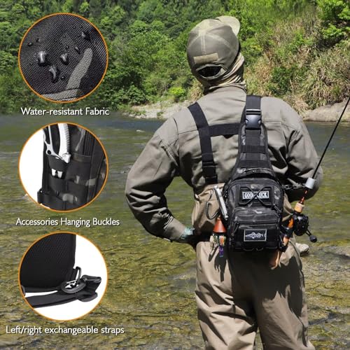 Dovesun Small Fishing Backpack, Waterproof Fly Fishing Sling Pack Tackle Bag with Tackle Boxes - color: C-Size:17.7*8.5*5.7in-Black(NO TACKLE BOX)