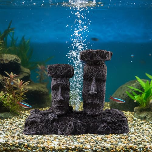 Moai Statues Aquarium Decorations, Fish Tank Easter Island Air Stone Decor, Special Bubble Stone for Aquarium Decor, Airline Tubing Accessories for Oxygenation(Gray Moai Statues) - color: Gray Moai Statues