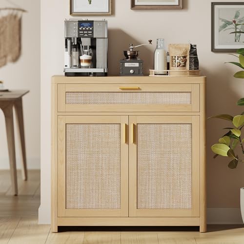 VASAGLE ELLAN Collection - Boho Buffet Cabinet with Rattan-Look Doors, Sideboard Storage Cabinet, Rounded Corners, Adjustable Shelf, Drawer, for Kitchen, Oak Beige UBBK601YC01 - color: Oak Beige (With Drawer), size: 1 Pcs