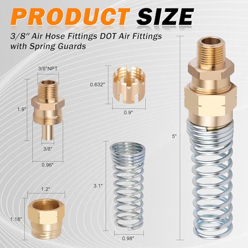4Pcs Brass 3/8” Air Hose Fittings DOT Air Fittings with Spring Guards, 3/8” Male Connector for Rubber Tube, Air Brake Hose End Fittings, with 8Pcs Fitting Sleeve Tubes - size: 3/8" Hose x 3/8" Male, style: 4pcs Connector with Spring Guard