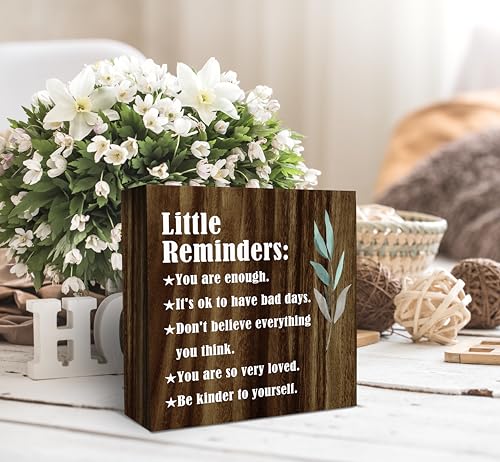 SRADMO Inspirational Little Reminders Wood Box Sign Desk Decor, Inspirational Desk Decor, College Motivational Positive Affirmation Gifts Box Sign For Office Home Dorm Tabletop Shelf Decoration(Brown) - color: blown, size: 5″×5″